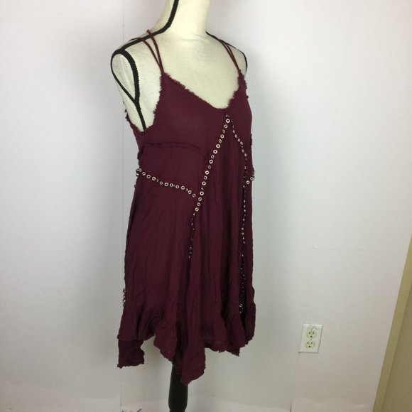 Free People Slip Dress Sz M Red Burgundy Trapeze V-Neck Studded Cross Ba… - Picture 7 of 16
